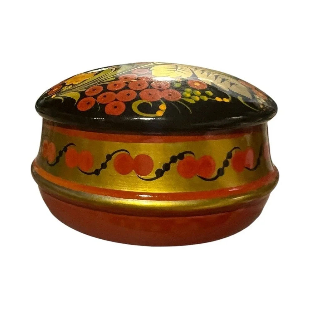 Hand Painted Ukrainian Petrykivka Lacquer Wood Trinket Jewelry Box Floral Folk